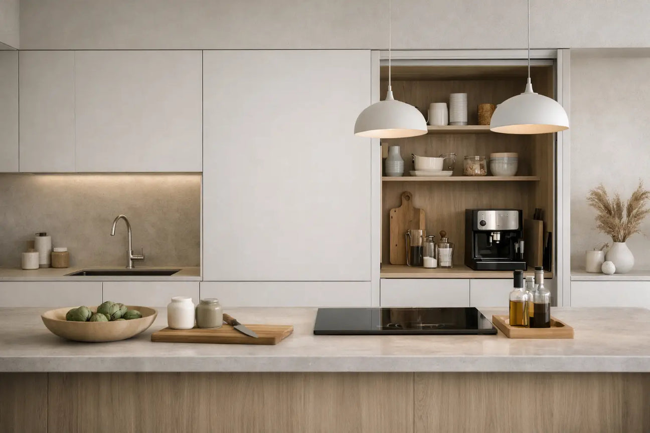 Cocina minimalista con almacenamiento oculto