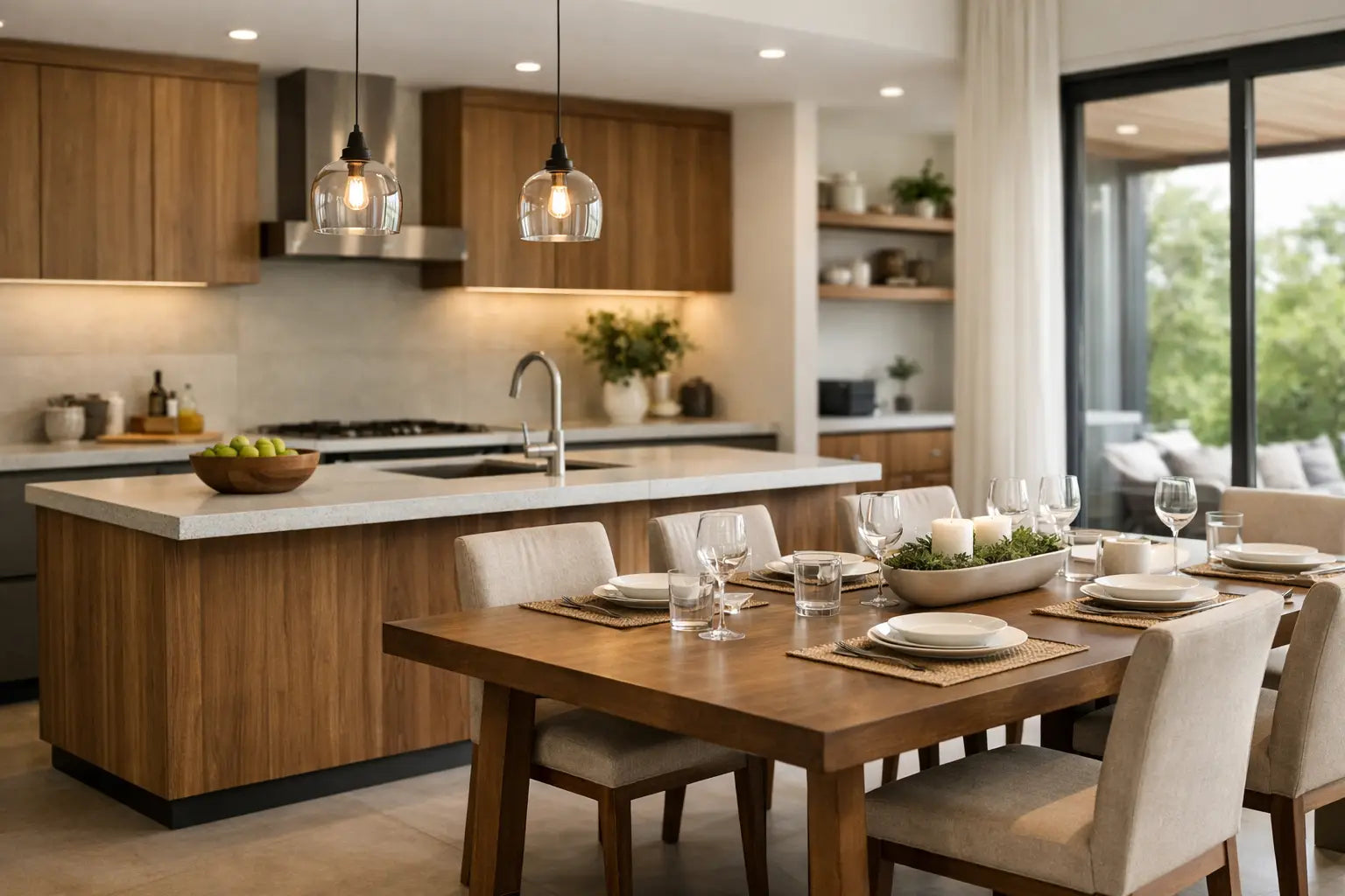 Cocina con isla y comedor integrado bien pensada