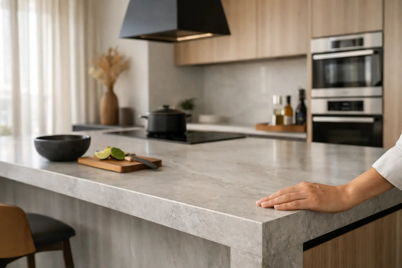 Mesón de cocina en piedra sinterizada tipo Dekton con veteado gris sobre isla central, en una cocina moderna con campana negra y hornos empotrados