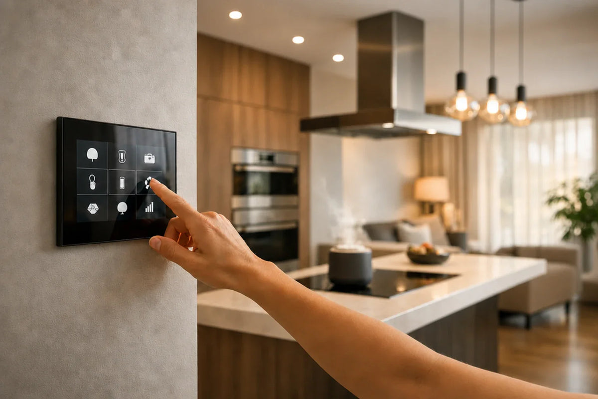Panel táctil de domótica empotrado en la pared controlando iluminación y clima de una cocina abierta a la sala