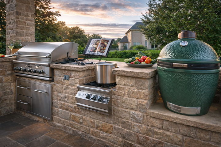 Cocina exterior con asador de carbón Coyote C1CHCS y parrilla de gas empotrados en mampostería al atardecer