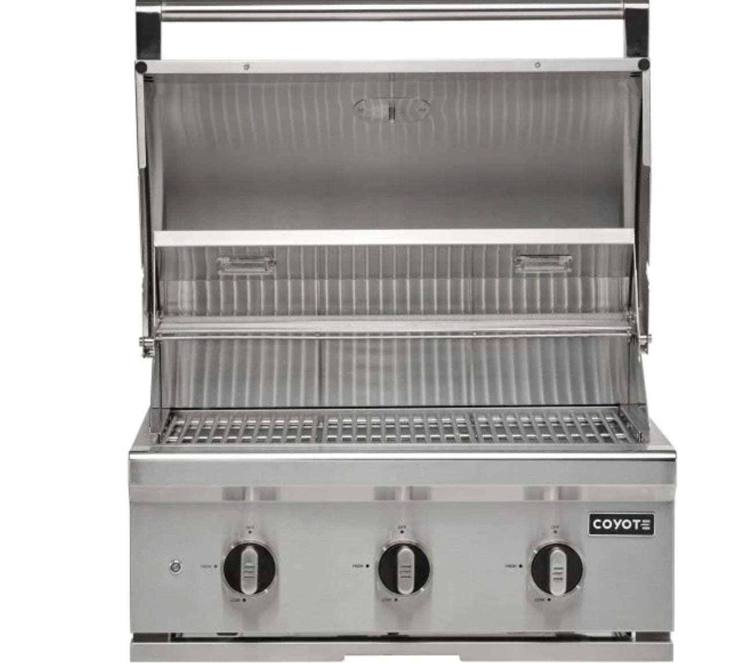 Parrilla empotrable a gas Coyote Serie C de 30" en acero inoxidable con tapa abierta, vista frontal