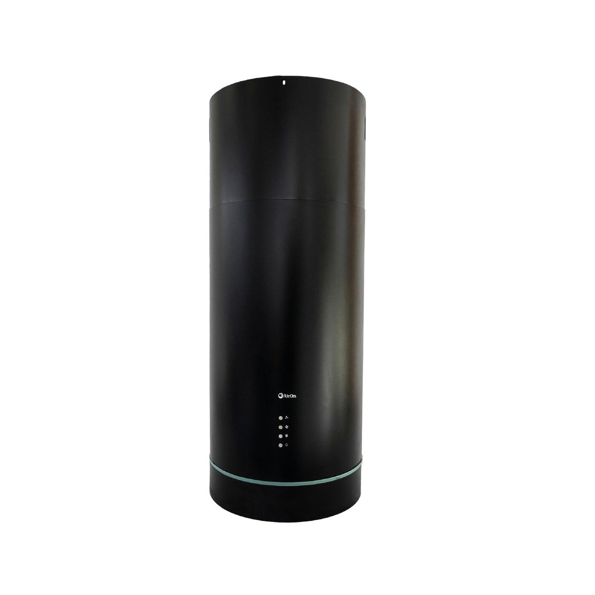 Campana cilíndrica negra AirOn con cuerpo alargado y aro de cristal iluminado, vista frontal
