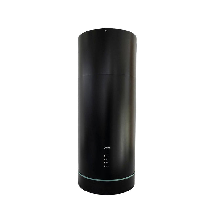 Campana cilíndrica negra AirOn con cuerpo alargado y aro de cristal iluminado, vista frontal
