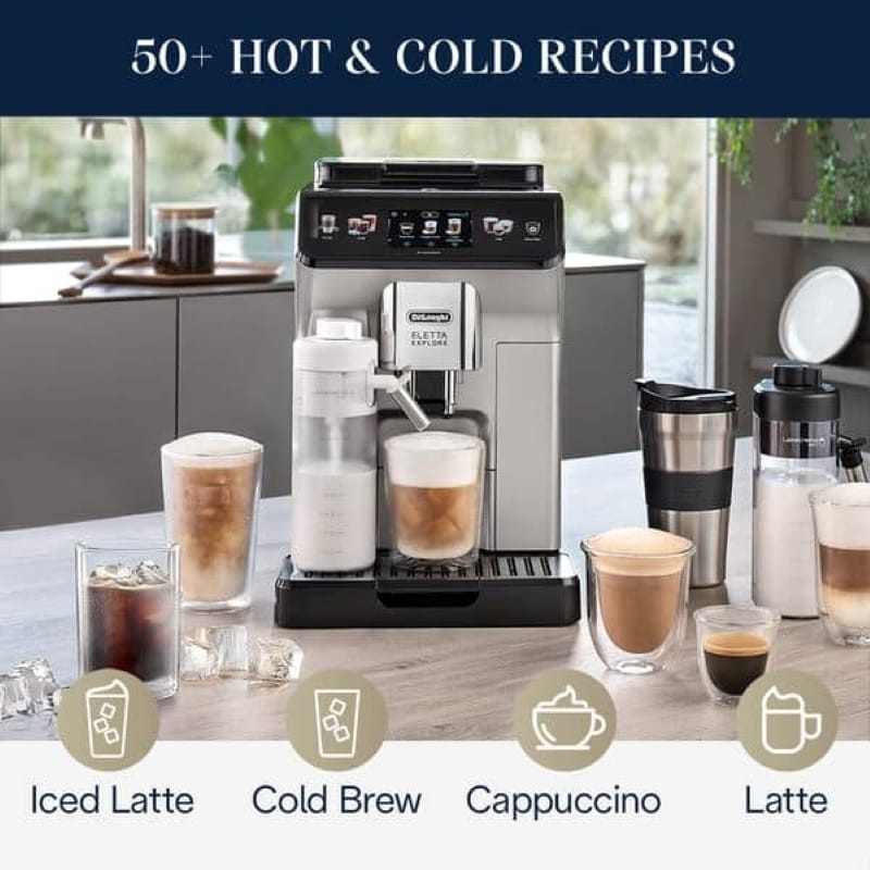 DeLonghi ECAM45086S sirviendo recetas frías y calientes como latte y cold brew