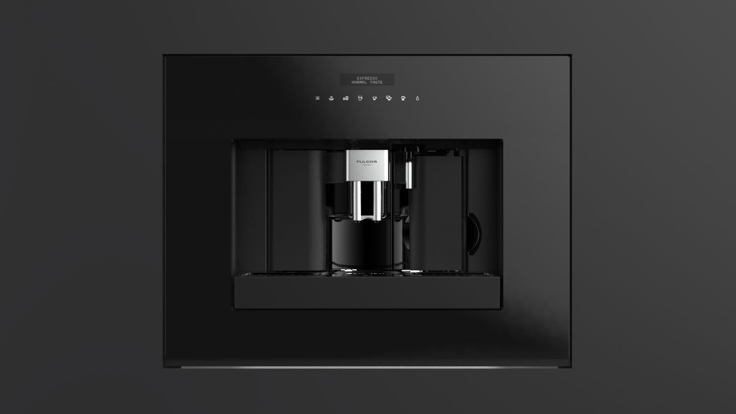 Máquina de café empotrable Fulgor Milano Mythos FCM4500TFBK en negro, vista frontal con dispensador y panel táctil