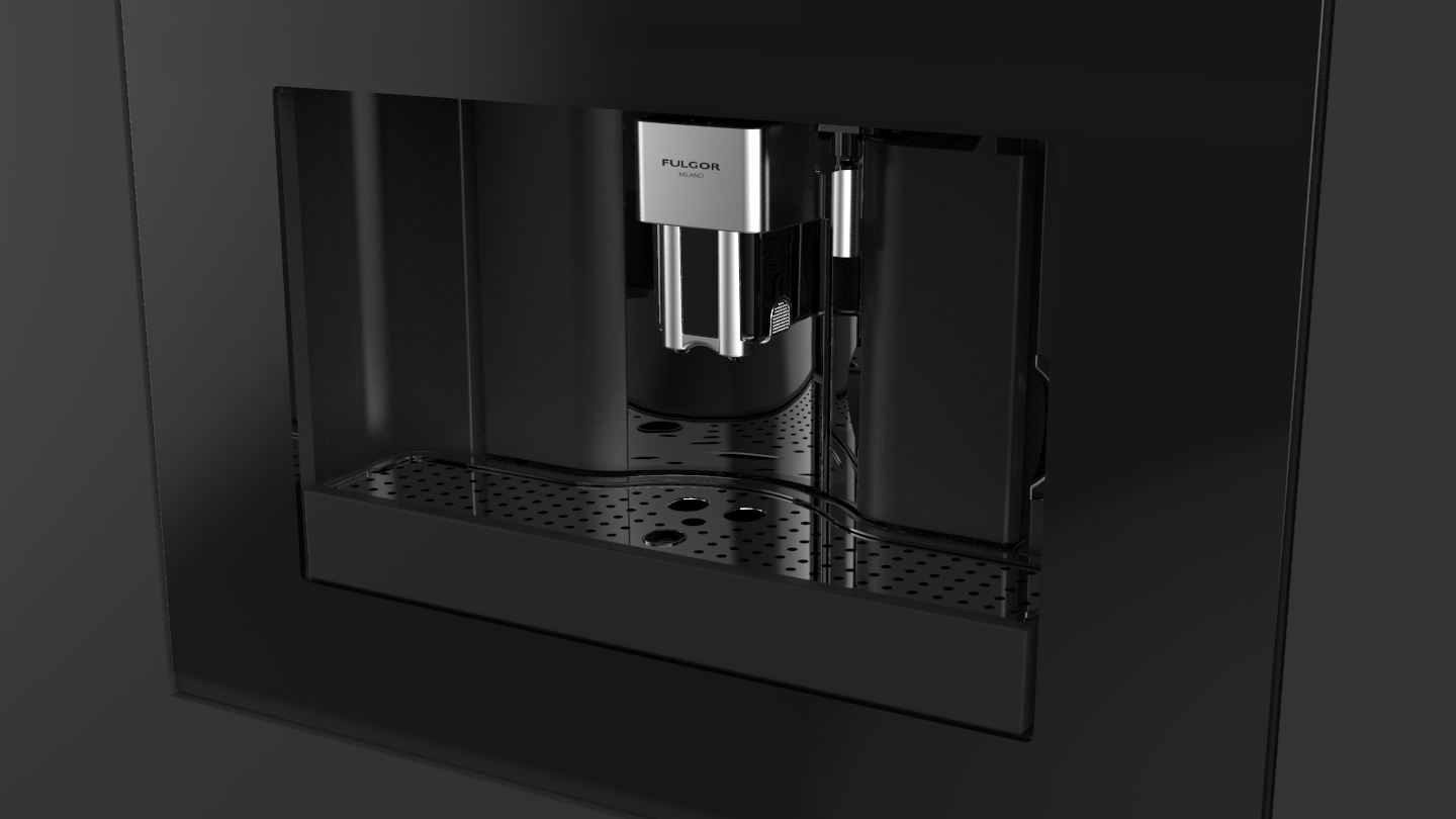 Detalle del dispensador y bandeja antigoteo de la cafetera empotrable Fulgor Milano Mythos FCM4500TFBK