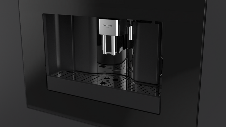 Detalle del dispensador y bandeja antigoteo de la cafetera empotrable Fulgor Milano Mythos FCM4500TFBK