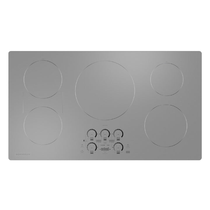 Vista cenital de la cubierta de inducción Monogram 36" en vidrio gris con cinco zonas de cocción