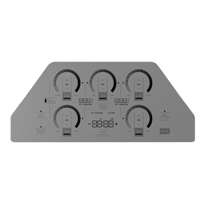 Esquema del panel de control de la cubierta de inducción Monogram 36" con cinco mandos y display
