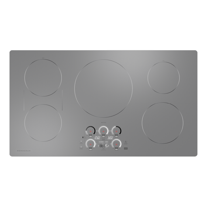 Vista superior de la cubierta de inducción Monogram 36" con cinco zonas y controles tipo perilla