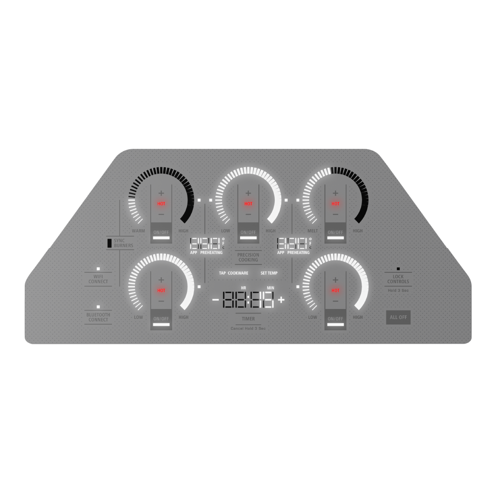 Diagrama del panel Monogram mostrando temperaturas 250° y 320° en el display de inducción