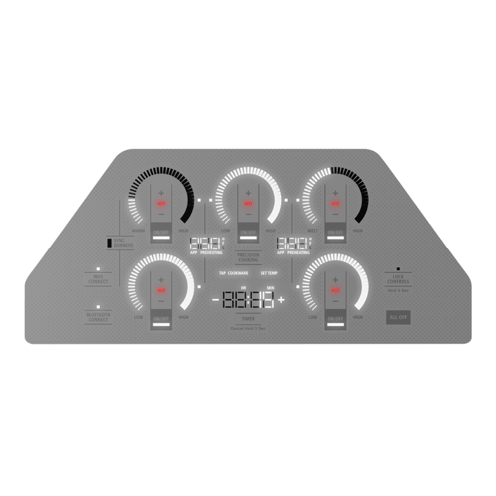 Diagrama del panel Monogram mostrando temperaturas 250° y 320° en el display de inducción