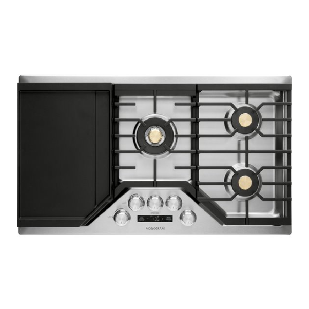 Cubierta de gas Monogram 36" ZGU36ESLSS con plancha integrada y cuatro quemadores, vista superior