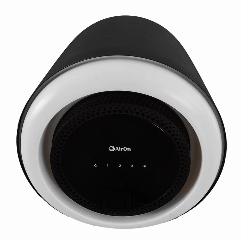 Campana de isla redonda AirOn Rainbow IAR-833 en negro, vista inferior con anillo LED y panel táctil con velocidades 0 1 2 3
