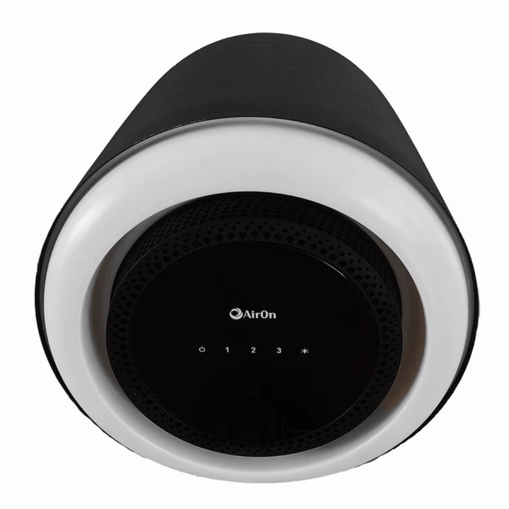 Campana de isla redonda AirOn Rainbow IAR-833 en negro, vista inferior con anillo LED y panel táctil con velocidades 0 1 2 3