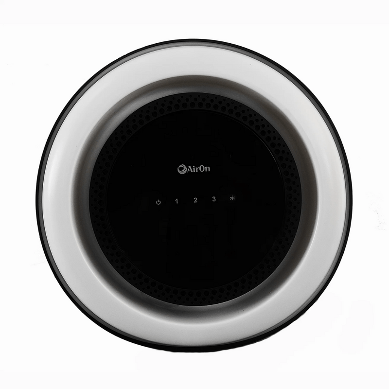 Campana de isla redonda AirOn Rainbow IAR-833 negra, vista frontal del anillo LED iluminado y controles táctiles