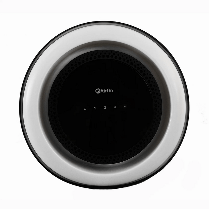 Campana de isla redonda AirOn Rainbow IAR-833 negra, vista frontal del anillo LED iluminado y controles táctiles