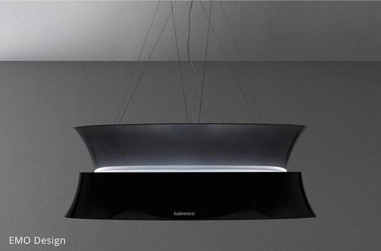 Campana de isla Falmec Dama Black negra suspendida con iluminación LED, diseño EMO Design