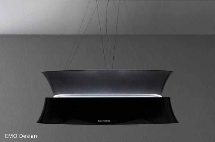 Campana de isla Falmec Dama Black negra suspendida con iluminación LED, diseño EMO Design