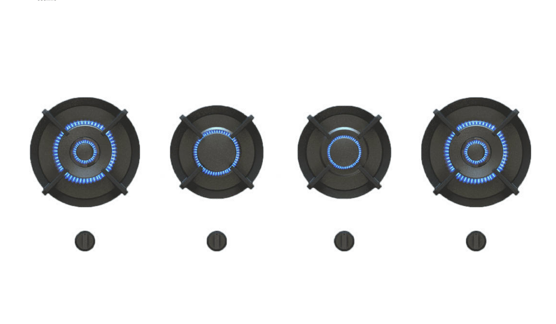 Cuatro quemadores Pittcooking Danau encendidos con llama azul y perillas independientes