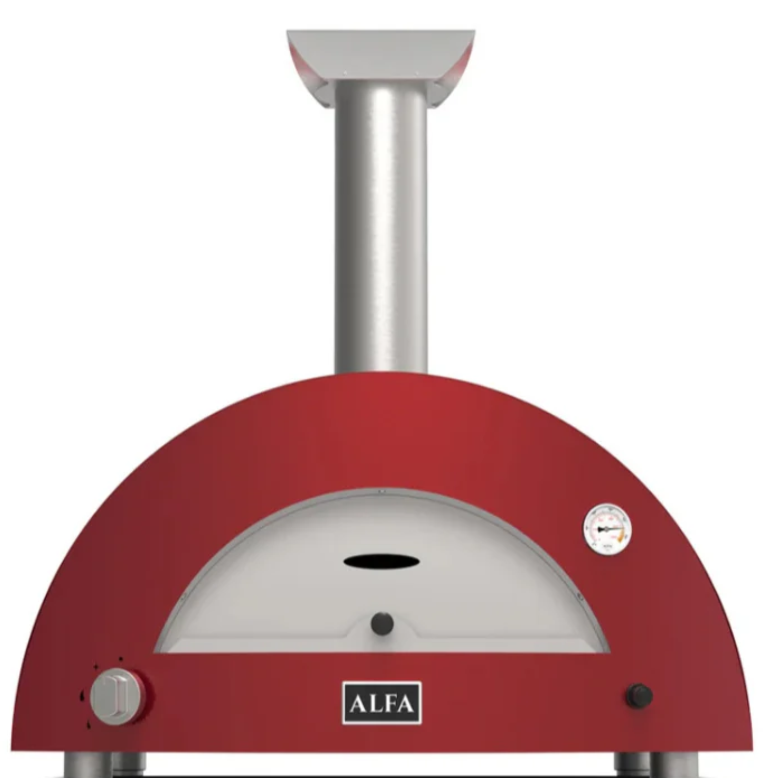 Horno de pizza Alfa Forni rojo de frente con chimenea, termómetro y mando de gas