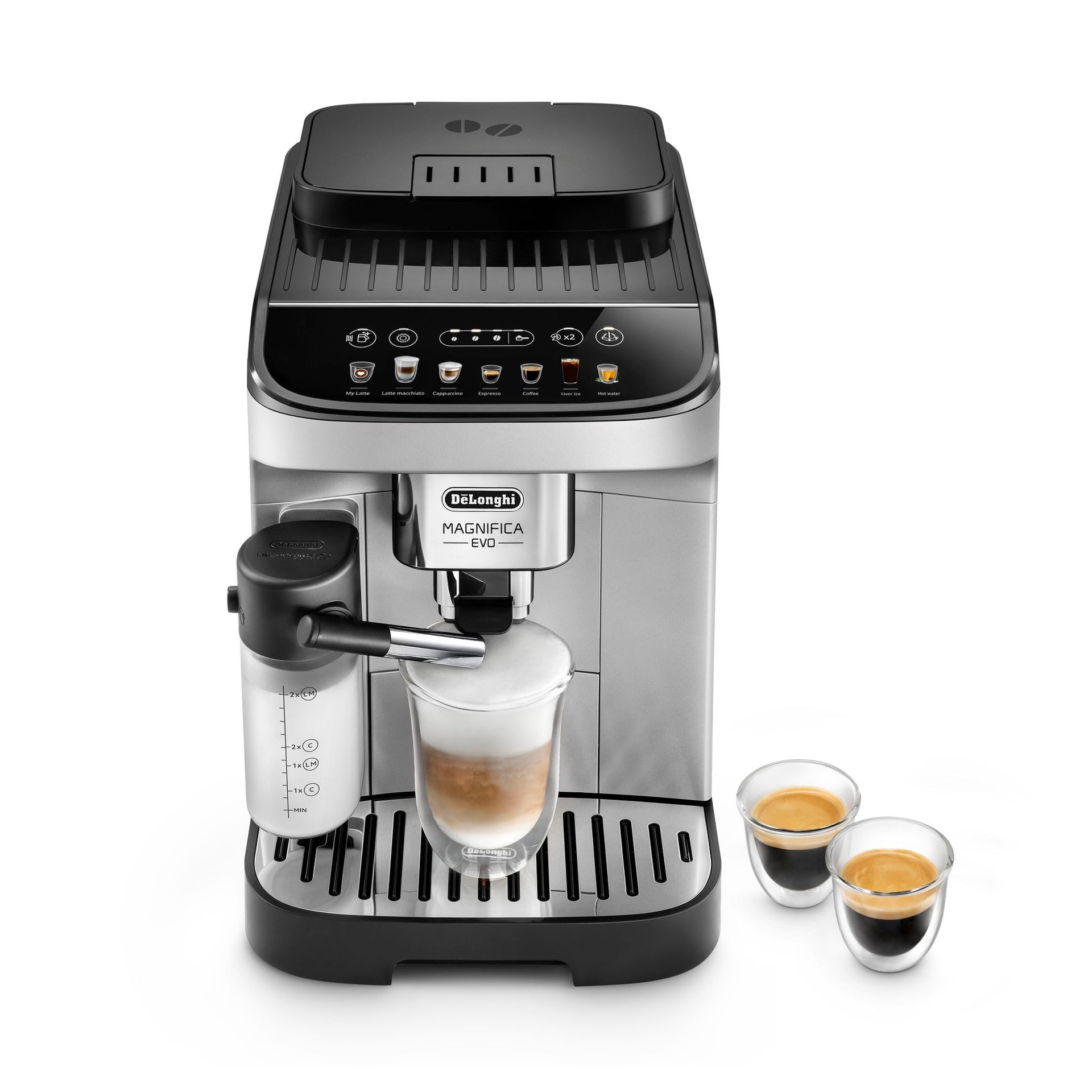 Cafetera superautomática DeLonghi Magnifica Evo ECAM29084SB en plata y negro, vista frontal con jarra de leche LatteCrema y dos espressos servidos