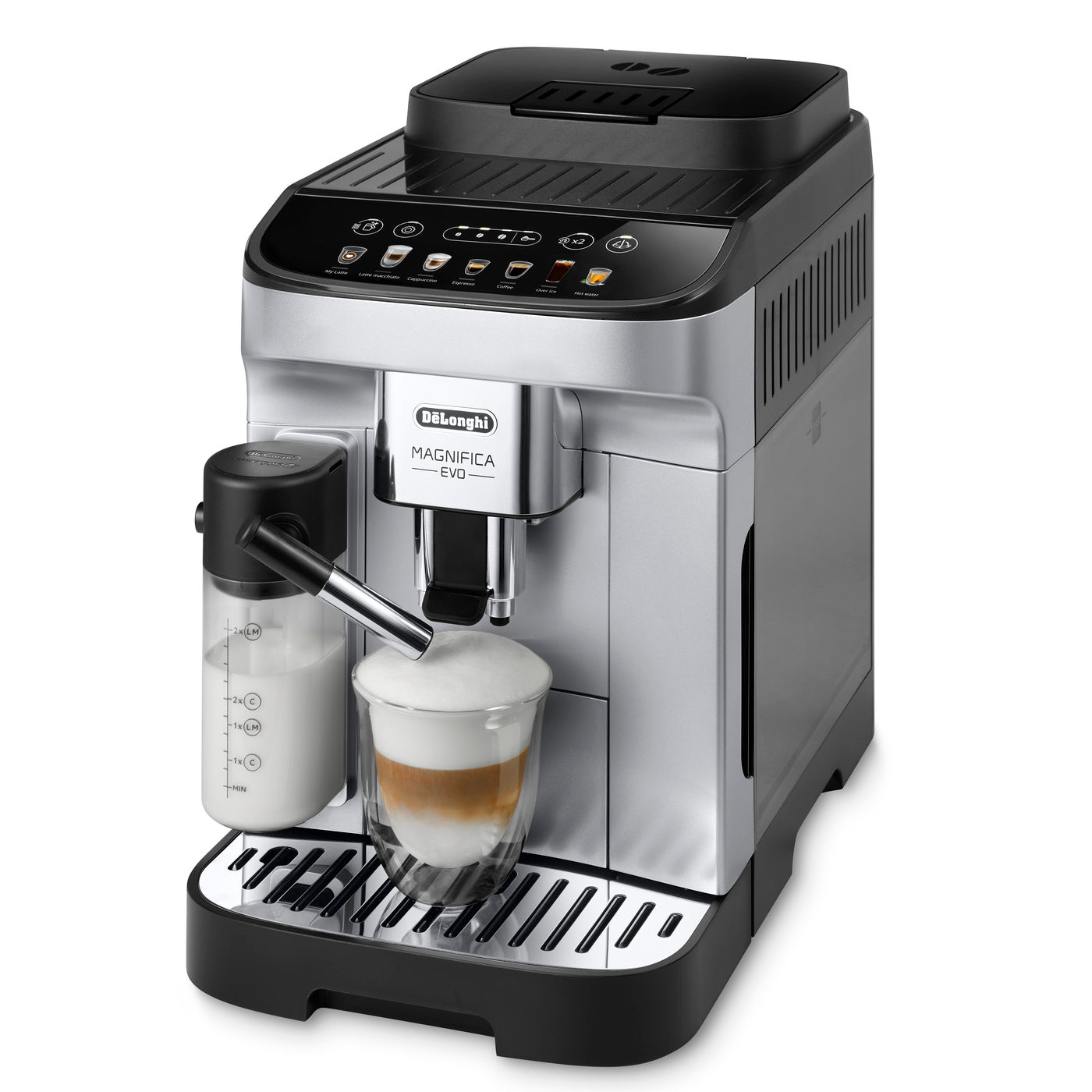 DeLonghi Magnifica Evo ECAM29084SB en vista tres cuartos mostrando el sistema LatteCrema y el panel táctil de bebidas