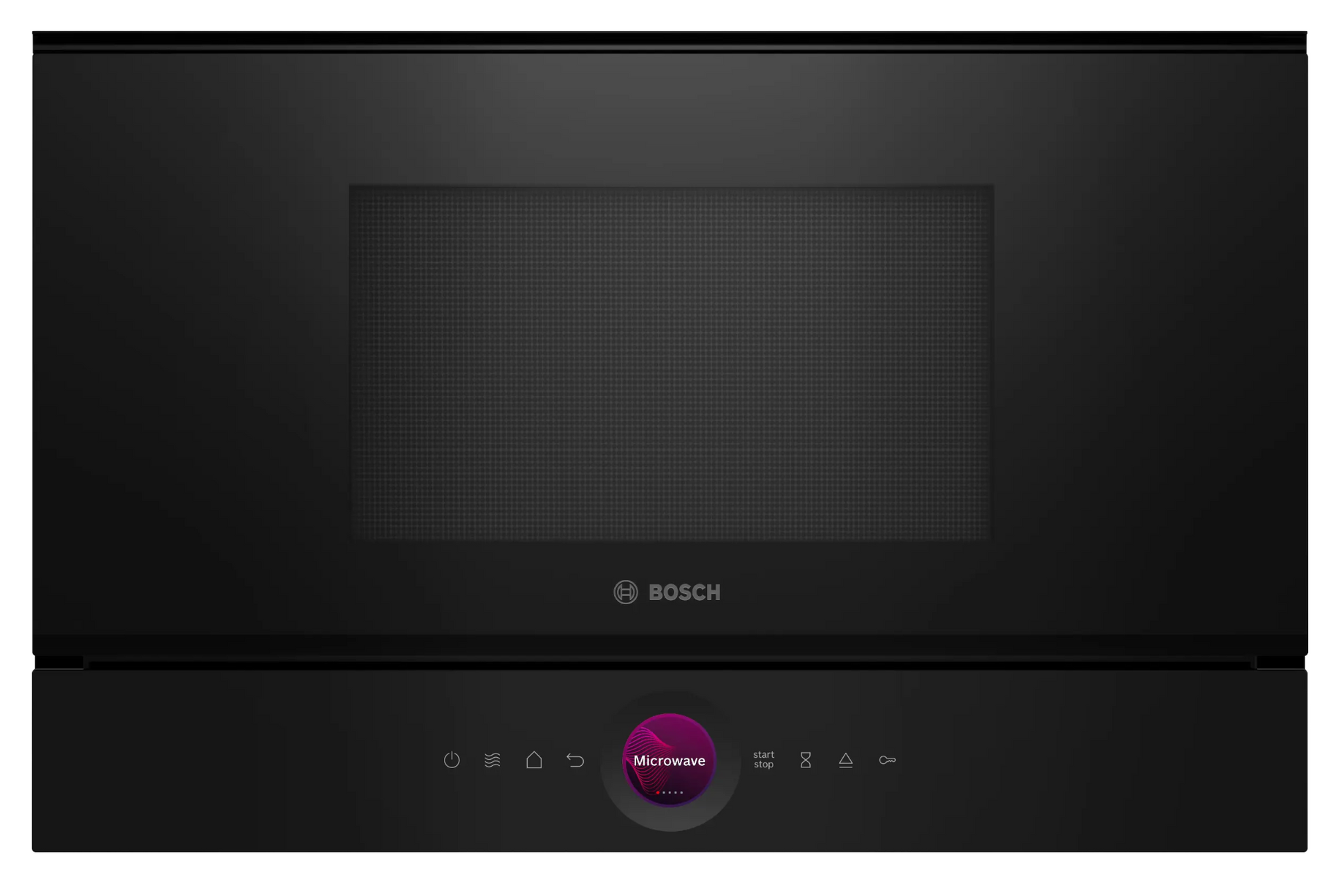 Vista frontal del microondas integrable Bosch BER7321B1 en negro con mando giratorio iluminado