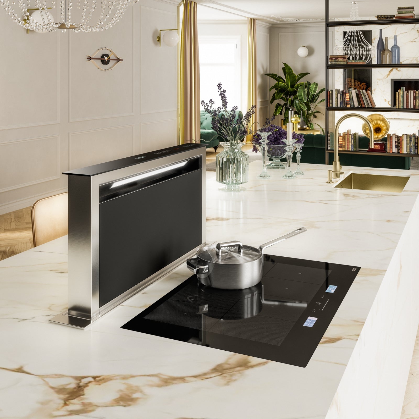 Campana downdraft Franke FDW 908 IB XS instalada en isla de mármol junto a cooktop de inducción