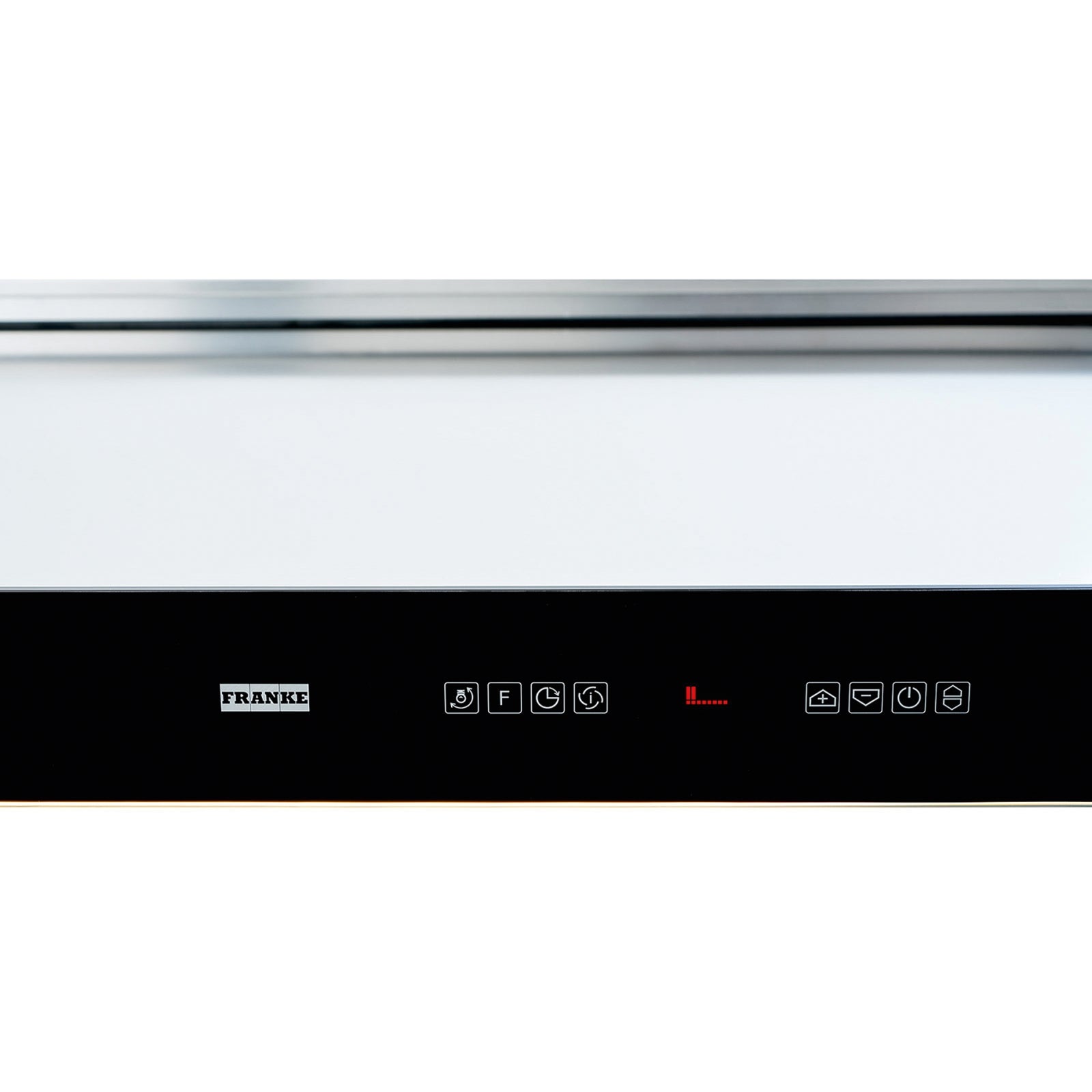 Detalle del panel de control táctil con logo Franke de la campana downdraft FDW 908 IB XS