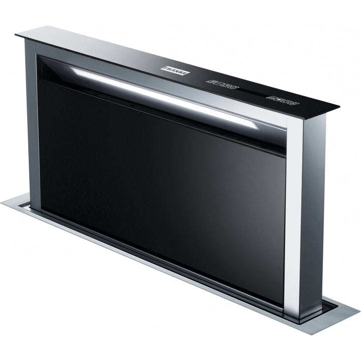 Campana downdraft Franke FDW 908 IB XS en vidrio negro y acero, vista en ángulo extendida