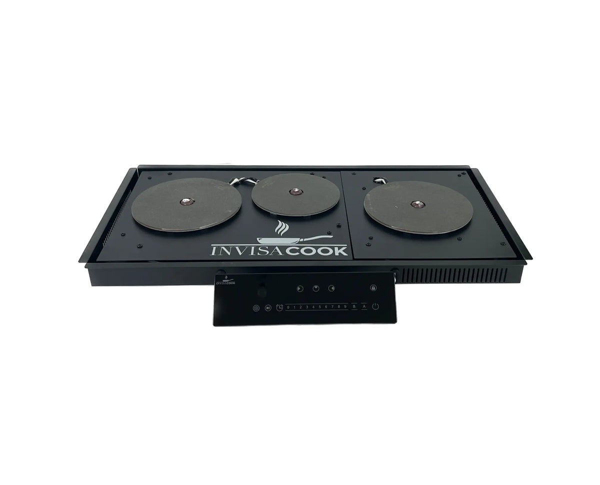 Cooktop de inducción invisible Invisacook de 3 quemadores en negro con módulo de control táctil, instalación bajo encimera