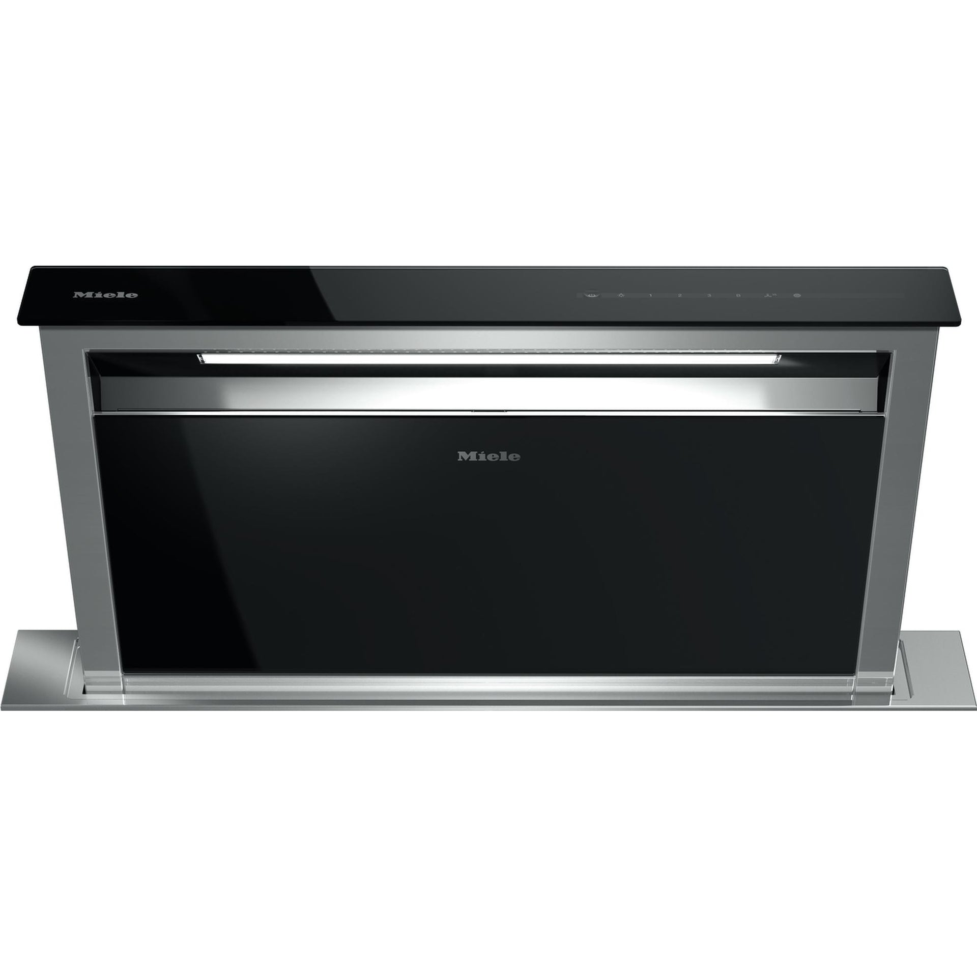 Campana extractora downdraft Miele DA6891 elevada, en acero inoxidable y cristal negro, para instalación en isla de cocina