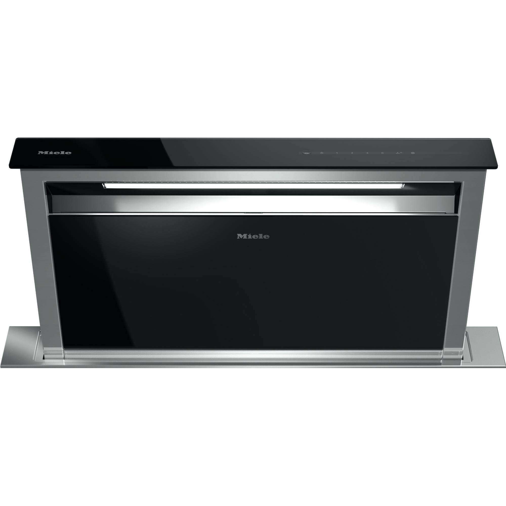 Campana extractora downdraft Miele DA6891 elevada, en acero inoxidable y cristal negro, para instalación en isla de cocina