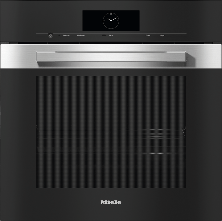 Horno combinado con vapor Miele DGC 7860 de 60 cm, frente de vidrio negro con marco de acero y pantalla táctil M Touch