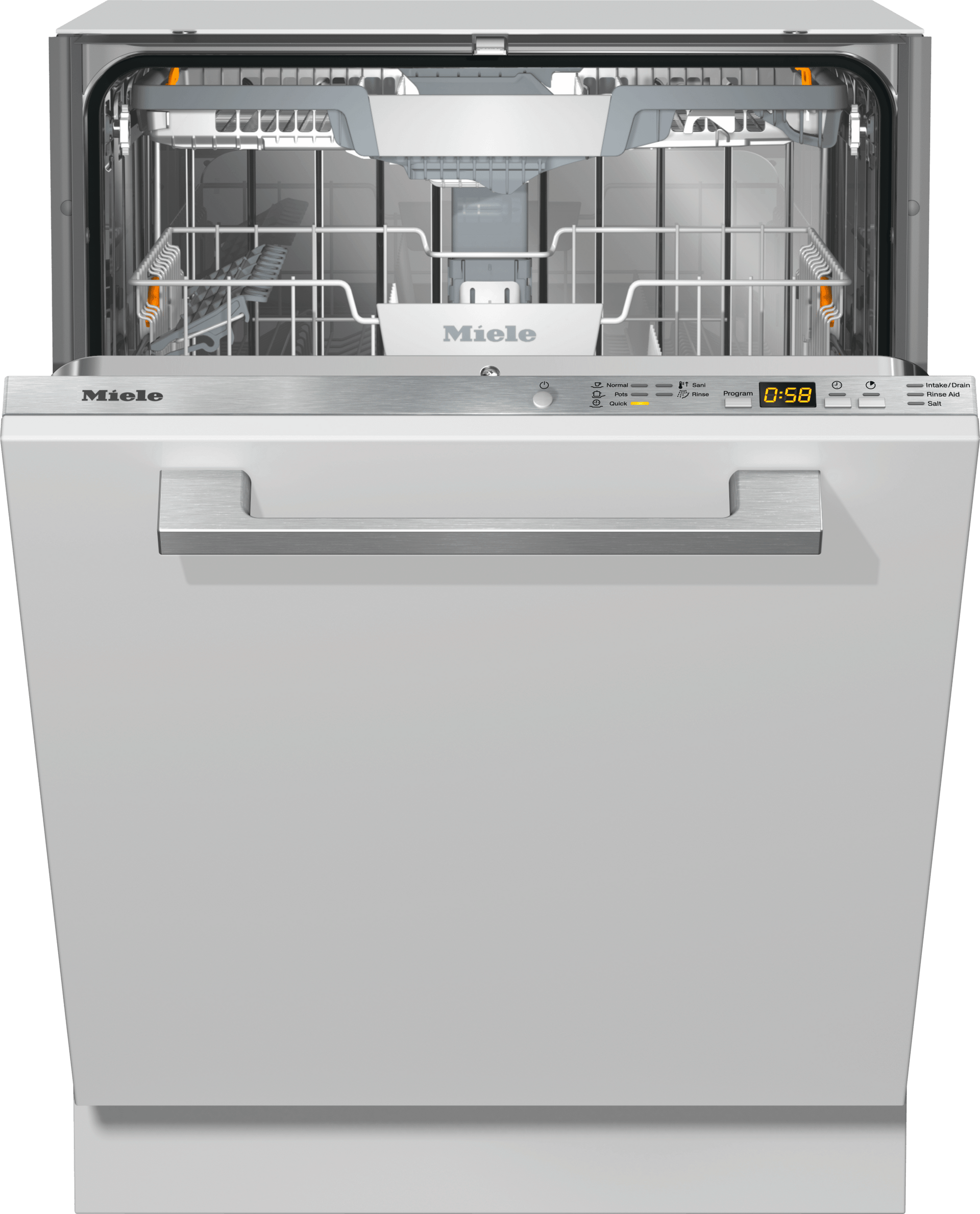Lavavajillas integrado Miele G 5266 SCVi de 60 cm panel-ready, vista frontal con panel de controles DirectSelect y wordmark Miele