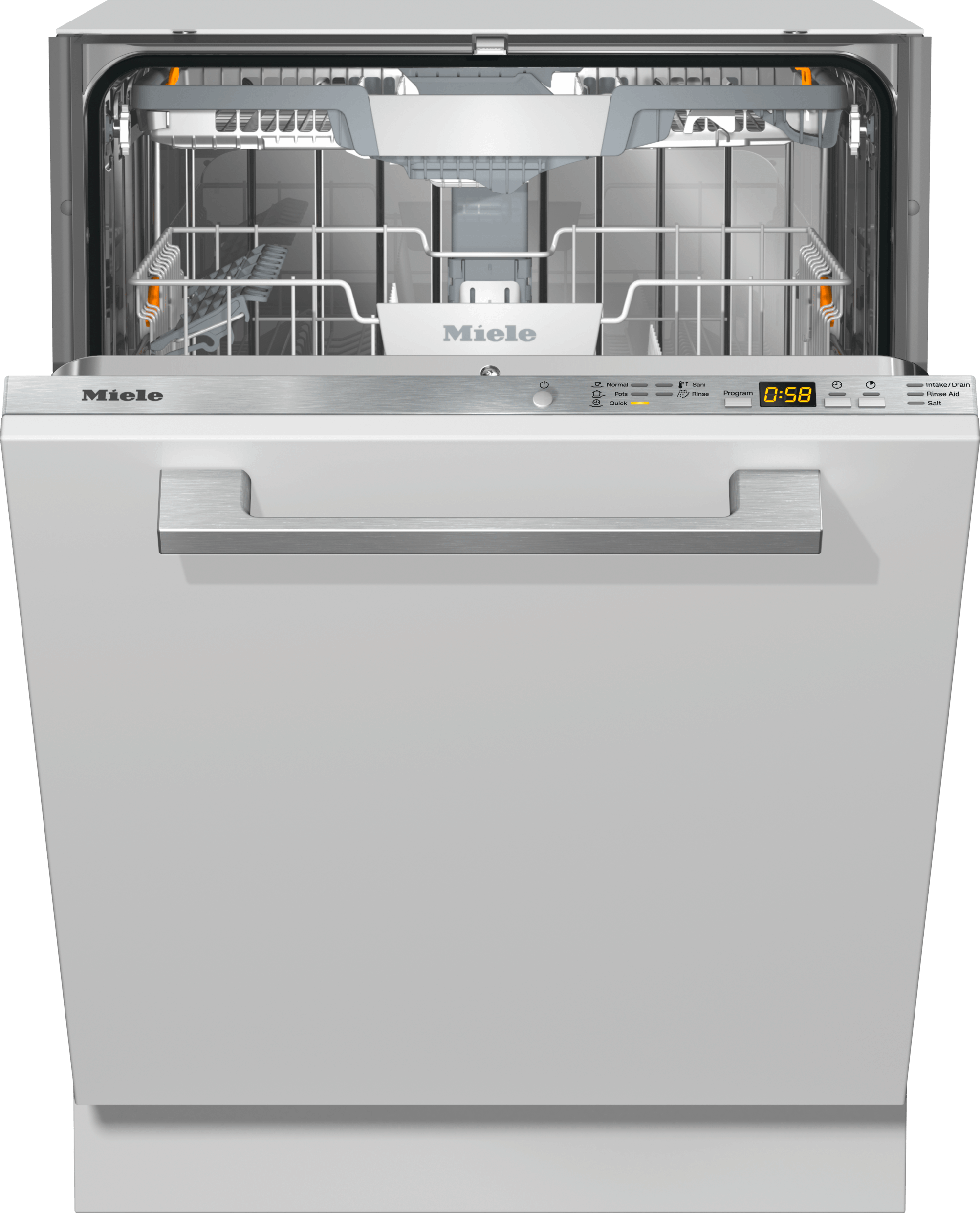 Lavavajillas integrado Miele G 5266 SCVi de 60 cm panel-ready, vista frontal con panel de controles DirectSelect y wordmark Miele