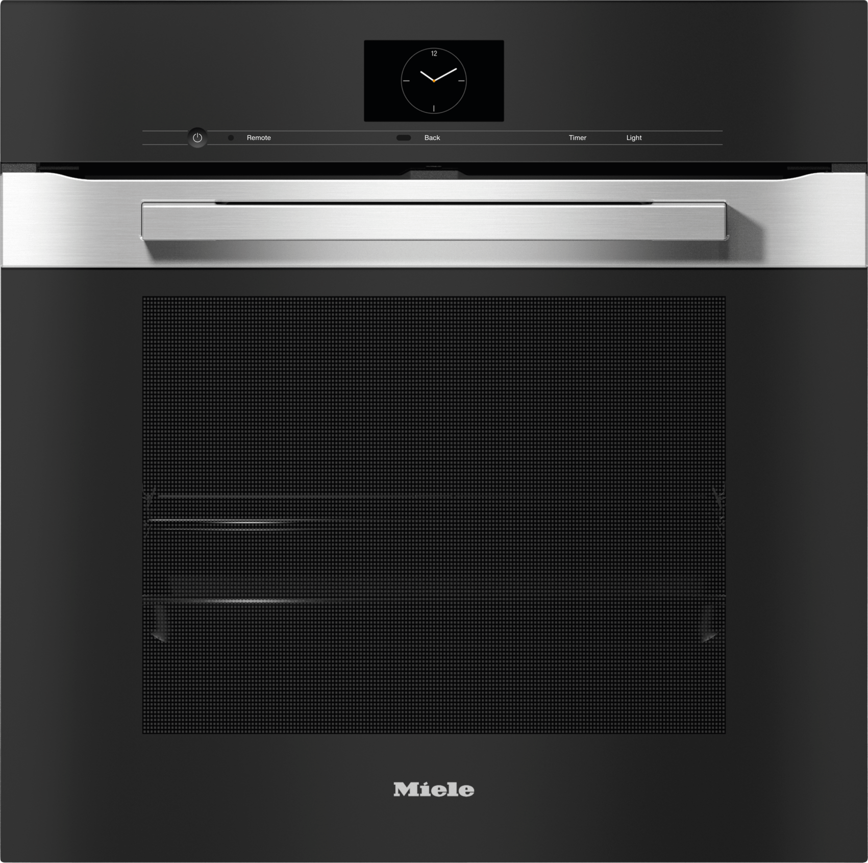 Horno empotrable Miele H 7660 de 60 cm con frente de vidrio negro, marco de acero inoxidable, display M Touch y wordmark Miele
