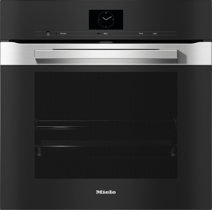 Horno empotrable Miele H 7660 de 60 cm con frente de vidrio negro, marco de acero inoxidable, display M Touch y wordmark Miele