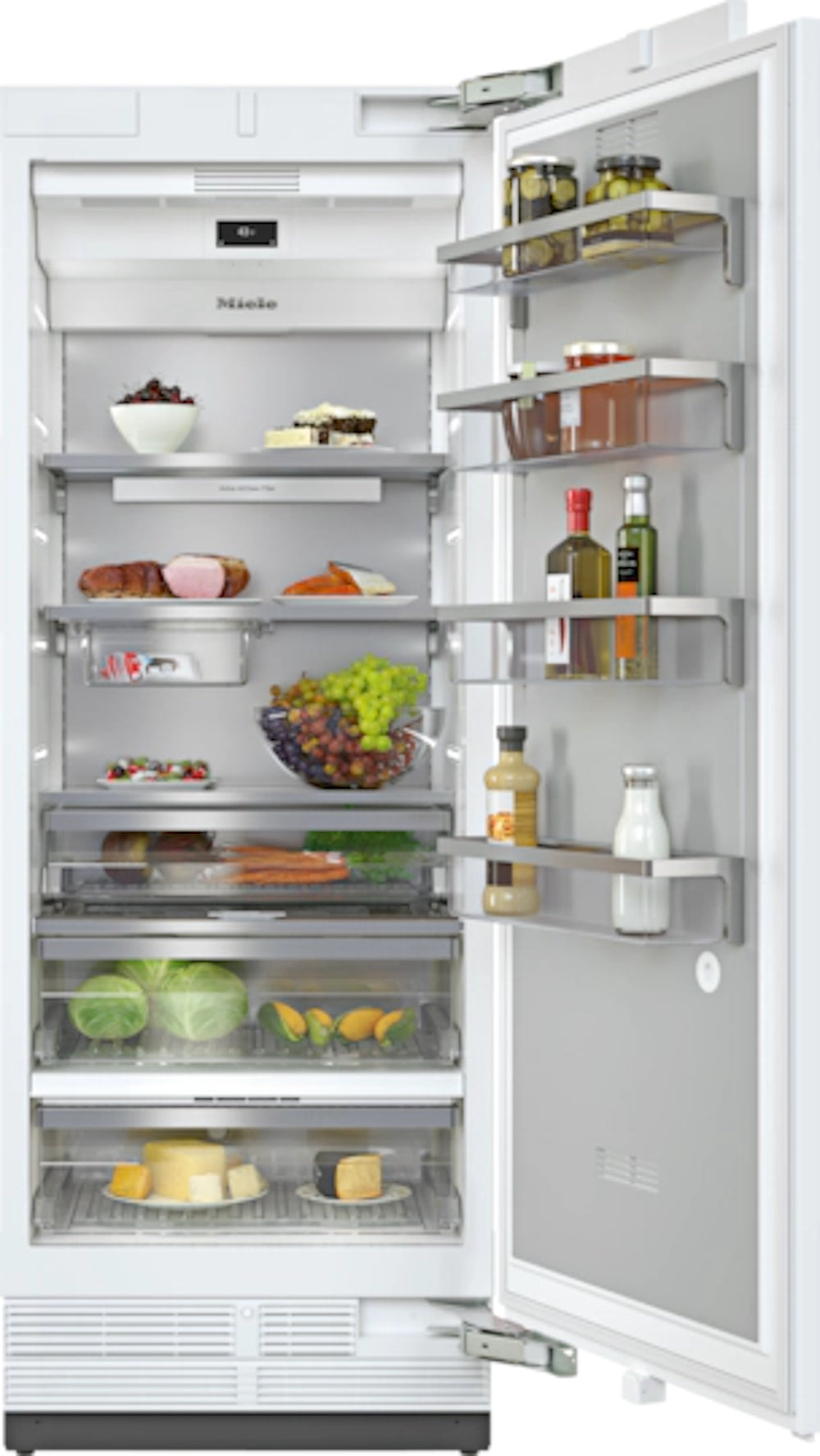 Nevera de columna Miele K2802 VI abierta y llena, mostrando estantes, cajones MasterFresh y BrilliantLight interior; refrigerador empotrable panelable de 30 pulgadas