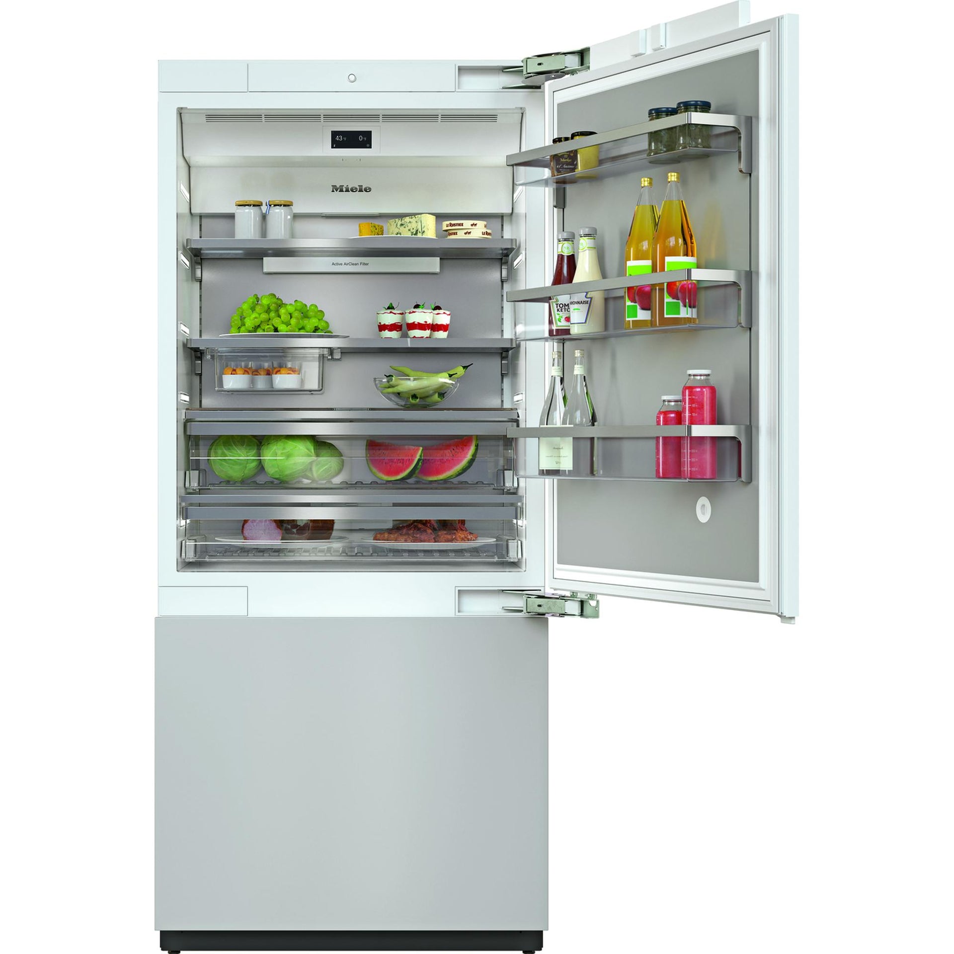 Refrigerador-congelador empotrable Miele KF 2902 Vi abierto, con refrigerador superior lleno y cajón de congelador inferior; modelo panelable MasterCool de 36 pulgadas