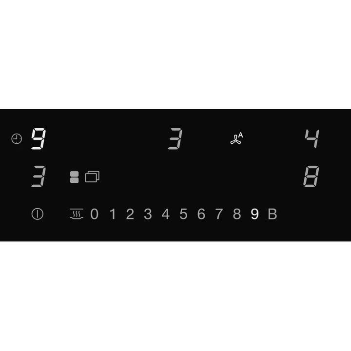 Detalle de la franja de control táctil con dígitos LED ámbar de la placa de inducción con extracción Miele KMDA 7676-1 FL BlackPerfection