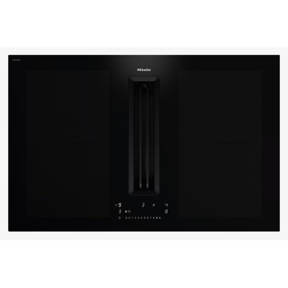 Placa de inducción Miele KMDA 7676-1 FL BlackPerfection con extracción de vapor integrada al centro, vidrio negro y mandos táctiles LED ámbar; foto oficial de estudio