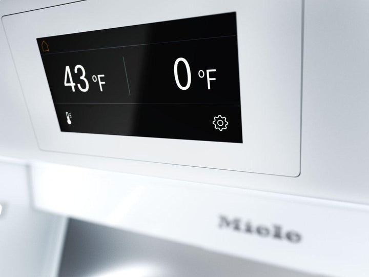 Pantalla táctil TFT de la columna Miele MasterCool mostrando 43°F y 0°F con el wordmark Miele