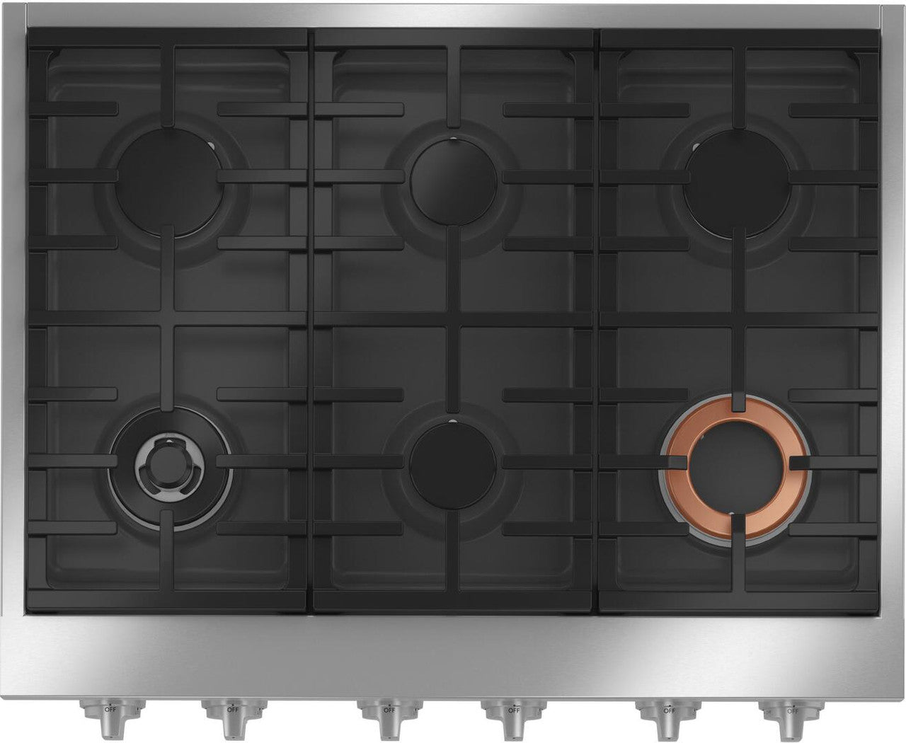 Café CGU366P2TS1 — vista superior de la cubierta de gas de 36" en acero inoxidable con 6 quemadores sellados y quemador Inspiral de anillo de cobre