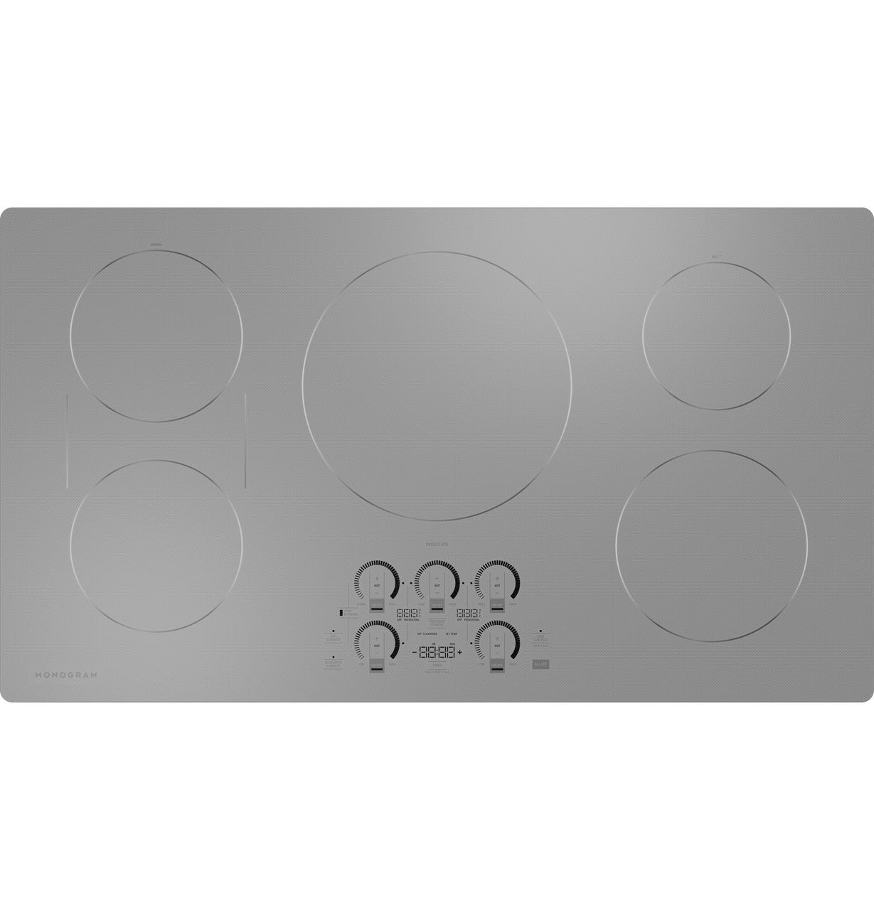 Monogram ZHU36RSTSS — vista superior de la cubierta de inducción de 36" en vidrio plata con 5 zonas de cocción y controles táctiles deslizables