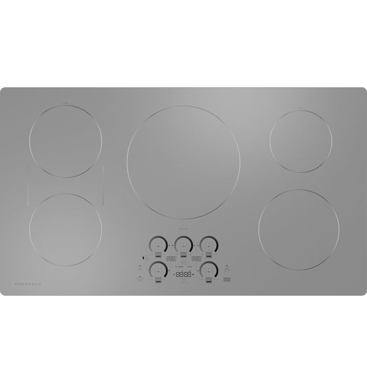 Monogram ZHU36RSTSS — vista superior de la cubierta de inducción de 36" en vidrio plata con 5 zonas de cocción y controles táctiles deslizables