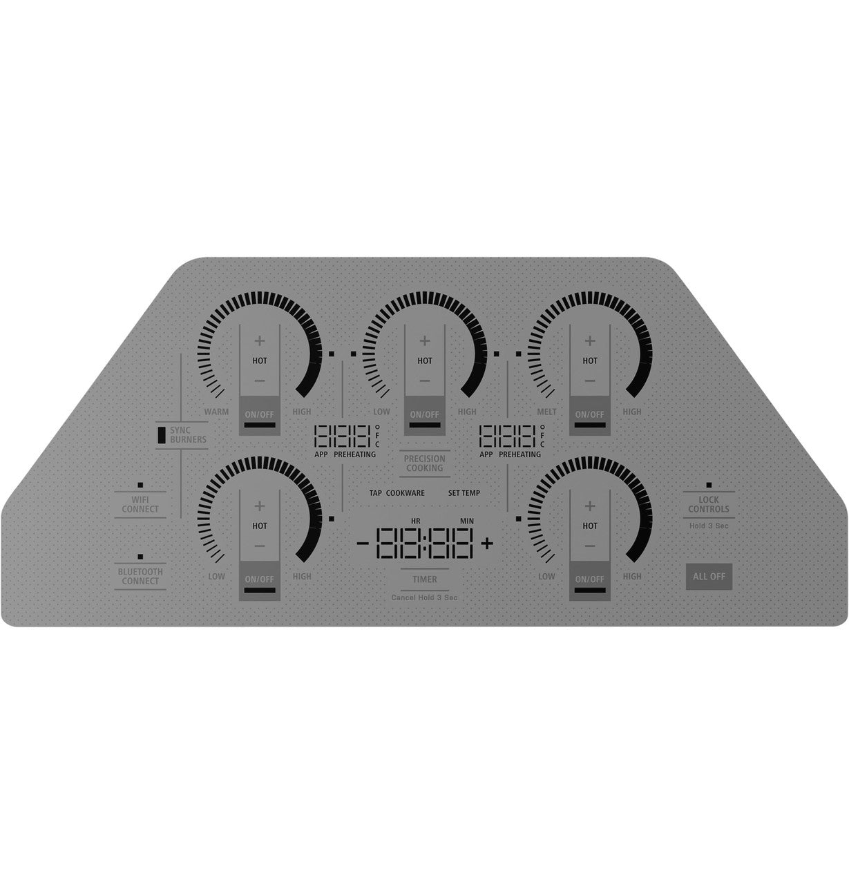 Monogram ZHU36RSTSS — detalle del panel de controles táctiles con Precision Temperature Control, Sync Burners, WiFi y bloqueo de seguridad