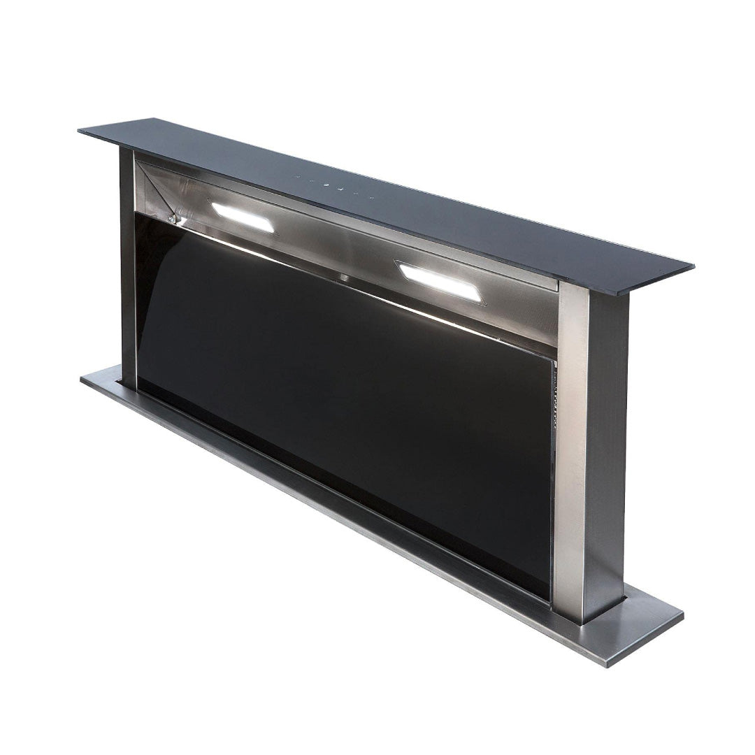 Campana downdraft AirOn 88 cm 3588FD900B en vidrio negro y acero, elevada con luces y panel táctil